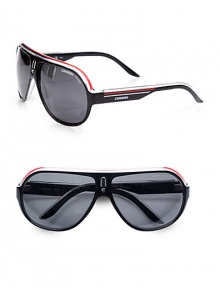 In black and red lightweight plastic with a temple logo detail, these sporty shield sunglasses are a perfect choice for weekend outings.Injected propionatePolarized ebony lens100% UV protectiveMade in Italy