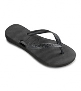 Widely considered one of the most comfortable rubber flip flops in the world. Wear these basic waterproof rubber flip flops anywhere. Logo embossed solid thong strap and logo debossed cushioned footbed.