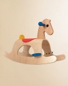 A classic, saddled rocking horse built on parallel rockers.Adjustable handle3.2W X 28.4H X 18.1DAbout 9 lbsRubberwoodWipe with damp clothRecommended for ages 2 and upAssembly requiredImported