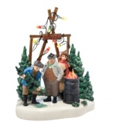 Dad picks out the perfect tree while Mom warms her hands in this picturesque scene from the A Christmas Story Village by Department 56. With blinking holiday lights and a flickering fire.