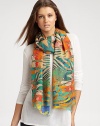 EXCLUSIVELY AT SAKS. An unique over-print design in a soft cashmere and silk blend. 55% cashmere/45% silkAbout 28 X 80Dry cleanImported 