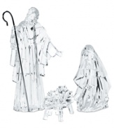 An elegant setting simply on their own, these three figurines sparkle upon a mantle or table as Mary kneels beside Baby Jesus resting in a cradle and the proud father stands tall with a cane in tow.