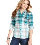 For weekend style and laid-back days, you can't go wrong with a plaid top! This button-down from Destinee features a cool, fading print that we adore.