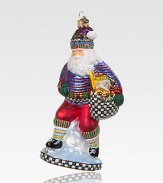 With a Courtly Check sack full of gifts, a glittering Santa glides across the ice, exquisitely crafted of mouth-blown, hand-painted glass.Glass6H X 3W X 2.5DImported Please note: Due to their handmade nature, ornaments may vary slightly. 