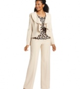 Kasper's pant suit features a jacket with a cascading ruffled collar and a coordinating animal-printed top--two flourishes that make this ensemble feel extra feminine.