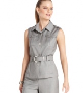 Calvin Klein's sleeveless jacket looks sharp with military-inspired styling and a belted waist. A perfect way to top off your workday look for summer!