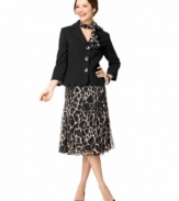 Kasper gives this suit a shot of animal-inspired aesthetic with a printed skirt and matching, removable scarf.