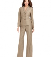 Classic herringbone looks fresh on Evan Picone's streamlined suit, featuring a shawl-collar jacket and wide-leg  pants.
