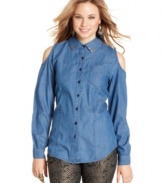 Let your shoulders breathe! Ultra Flirt outfits this chambray button-down with cute cutouts -- plus a few cool studs!