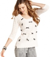 A nubby sweater sprinkled with bows, American Rag's three-quarter sleeve pullover is built for getting cozy in!