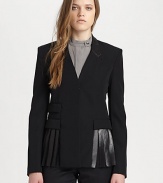 Slim-fitting blazer modernized by a seamed collar, hidden closures and raw-edge leather pleats that form a peplum-like silhouette. Seamed collarLong sleevesHidden closuresFront flap pocketsAbout 26 from shoulder to hem50% wool/50% polyester with leather trimDry clean with leather specialistImported of Italian fabricModel shown is 5'10 (177cm) wearing US size 2.