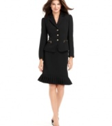 This skirt suit from Tahari by ASL looks sharp on top with goldtone zipper and hardware details on the jacket and pretty at the bottom with a pop of pleating at the hem.