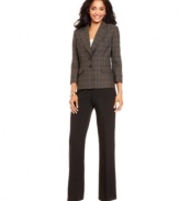 Evan Picone infuses this pant suit with a pop of plaid at the jacket and keeps the interest up by adding a luxe texture to both pieces.