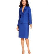 Classic tweed gets a feminine update with the addition of a ruffled collar and flattering seamed waist on Le Suit's latest skirt suit. The rich blue hue is easy to pair almost any heel in your closet.