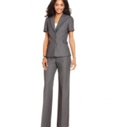 A classic pinstriped pant suit gets revamped for the season. Tahari by ASL's version is ready for warm-weather workdays with a short-sleeve silhouette and sharp look.