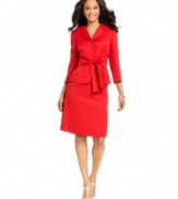 This red skirt suit from Tahari by ASL is cut to be classic and rendered in a luxe textured fabric. A self-tie belt on the jacket ensures a flattering silhouette.