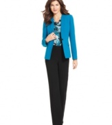 Tahari by ASL pulls together a cobalt jacket and classic black trousers with a chic cowlneck shell that marries both colors together for a look that's always perfectly coordinated.