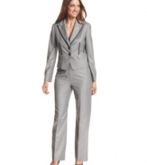 Unique details give Nine West's trouser suit an edge: contrasting trim and peaked lapels evoke classic menswear style, while structured tailoring ensures a feminine fit.