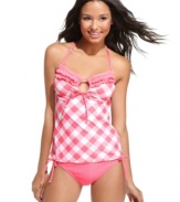 Super sweet for fun in the sun, this Hula Honey tankini top features ruffles, polka dots and gingham plaid -- an everyday value!