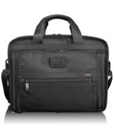 Your office... anywhere! Take business on the road or wherever work takes you with the innovative design of this at-a-glance organizer. Highly-visible and easily-accessible pockets and compartments fit all of your tech and business accessories in with ease. As a T-Pass case, this brief passes through security without making you take your laptop out of the bag. Tumi quality assurance warranty.