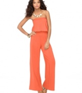 A strapless jumpsuit from Sunny Leigh embodies trend-setting style in a draped silhouette with flowing wide legs. Wear it with chunky sandals for true vintage glamour.