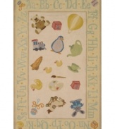 Stir the imagination with this adorable, whimsical rug from Momeni's Lil Mo Classic collection. In a throwback to old-fashion nursery styling, the pale yellow rug features an assortment of childhood images like a hot air balloon, teddy bear and rocking horse--exciting sights for any little one. An alphabet-themed border offers a head start on learning!  Hand-hooked of pure cotton, Lil Mo Classics feature a cut-loop construction that gives the printed motifs a raised effect and tons of texture.