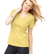 Karen Scott's petite henley has a casual fit that pairs well with your favorite jeans. The decorative buttons give the top just a little panache!