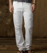 The original straight-fitting jean is updated in attention-grabbing whitewashed denim, finished with plenty of rips and serious shredding for an authentic, worn-in look.