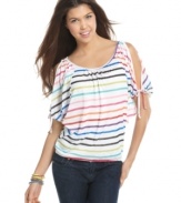 Can't decide on a color today? Get them all in this one Pretty Rebellious top. A rainbow stripe is an adorable addition to this split-sleeve look.