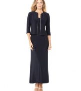 Alex Evenings puts the sleek in simplicity with this evening gown, featuring a jacket and neckline with luxe rhinestone trim.