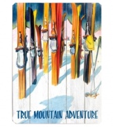 Endorsing a mountain adventure with colorful skis in snow-covered slopes, this wooden sign transforms the living room into a warm and cozy lodge. Distressed detail makes it look like it's always been a part of your decor.