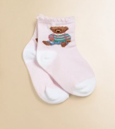 Comfortable cotton, accented with a sweet intarsia-knit teddy bear motif.Scalloped cuffs82% cotton/17% nylon/1% spandexMachine washImported