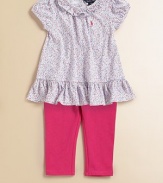 A myriad of delicate miniature flowers adorn this pretty ruffled top that is coordinated with bright stretch leggings for a match made in heaven.Ruffled crewneckShort puffed sleevesBack button closureEmbroidered pony on chestRuffled hemElastic waistband93% cotton/7% elastaneMachine washImported Please note: Number of buttons/snaps may vary depending on size ordered. 