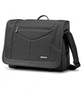 Put all of your electronics in one bag. Be prepared with this fully-stocked messenger back that has space for every essential with a PerfectFit(tm) system that secures a range of laptop sizes, front pocket organization with a padded tablet pocket and a quick stash zippered area for your smart phone. The answer to your busy day!