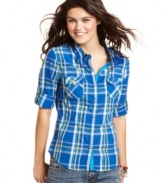It's official: we're mad for plaid! Ali & Kris' classic button-down top features roll-tab sleeves for sporty, every day style.