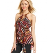 Flaunt your love of pretty things with this halter top from XOXO! Featuring a knotted chain neckline, voluminous ruffle and bold print, this top is a special addition to your summer closet.