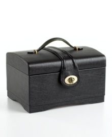 Secure and transport your favorite trinkets in this stylish imitation-leather jewelry box. Two side-by-side trays, an additional travel-ready folding tray and pendant hooks provide plenty of storage space. Try on each piece in a leather-framed mirror.
