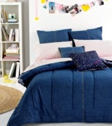 Divine denim for the dorm. Go back to school in this cool blue, denim comforter. Made of the softest 100% cotton cover with straight, vertical quilt stitching, this comforter will delight any bedroom. Reverses to sold navy cotton.