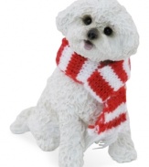 Bark up the right tree with a Christmas ornament for your dog – or a fellow animal lover! A frisky white Bichon Frise waits patiently for treats, dressed in a festively striped scarf. From Sandicast.