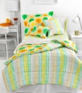 Bright and early! Get an eye-opening burst of color with this Raven Citrus comforter set, boasting stripe and circle designs in neon yellow, green, blue and orange hues. All pieces are reversible so you can mix and match for your perfect combination.