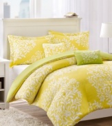 Perfect harmony. A bright yellow hue and exotic floral design become the focal point of your room in this Harmony comforter set for an inspired new look. Reverses to solid green.