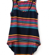 Summery stripes and solid blocks adorn this chic tank top.