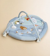 Place your baby among the clouds on this playmat with an appliquéd bear, mirrored sun and more. Encourages early motor, sensory, social, emotional and independent play Puffy cloud and kid appliqués Four dangling toys including ball, bird and rabbit in airplane Plush pillows at edges included 17½HX 31WX 1½D Machine wash Imported