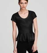 A ladylike peplum meets edgy leather on this Cut25 top with a knit back for a cool-girl spin on these haute runway trends.