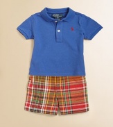 This preppy set combines a cotton polo knit with a traditional madras short and matching belt for a perfectly cute ensemble.Shirt collarShort sleevesFront buttonEven vented hemButton closureWaistband with belt loopsZip flyAngled hand pocketsButtoned back welt pocketCottonMachine washImported Please note: Number of buttons may vary depending on size ordered. 