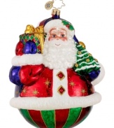 Have a holly jolly Christmas with this lovely, hand-painted ornament from Christopher Radko, featuring St. Nick or a cheerful snowman holding a gift and Christmas tree, both classic symbols of the season. Finished with a dusting of glitter for an extra spark.