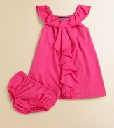 Rendered in an ultra soft knit, this classic A-line dress features a cascade of ruffles for a sweet accent.Round neckline with ruffle trimSleevelessPullover styleElastic waistband and leg openings60% cotton/40% modalMachine washImported