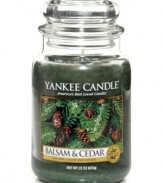 Get some fresh air. With the invigorating smell of cedar, juniper berry and balsam, this large Yankee Candle jar brings the best of the forest right into your living room. A Christmastime classic.