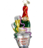 Celebrate from now 'til New Year's. Christopher Radko's Champagne Wishes ornament is one more reason to toast the season, with a bottle of bubbly and toasting flutes for two in Polonaise glass.