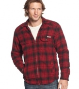 This buffalo check shirt jacket from Lucky Brand Jeans is a fall classic for your layered look.
